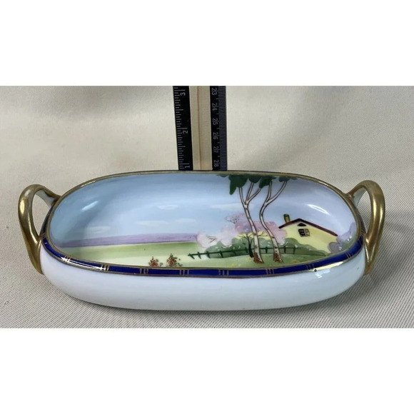 Nippon Hand Painted Double Handle House Tree Floral Scene Oval‎ Bowl Vintage - Picture 7 of 8